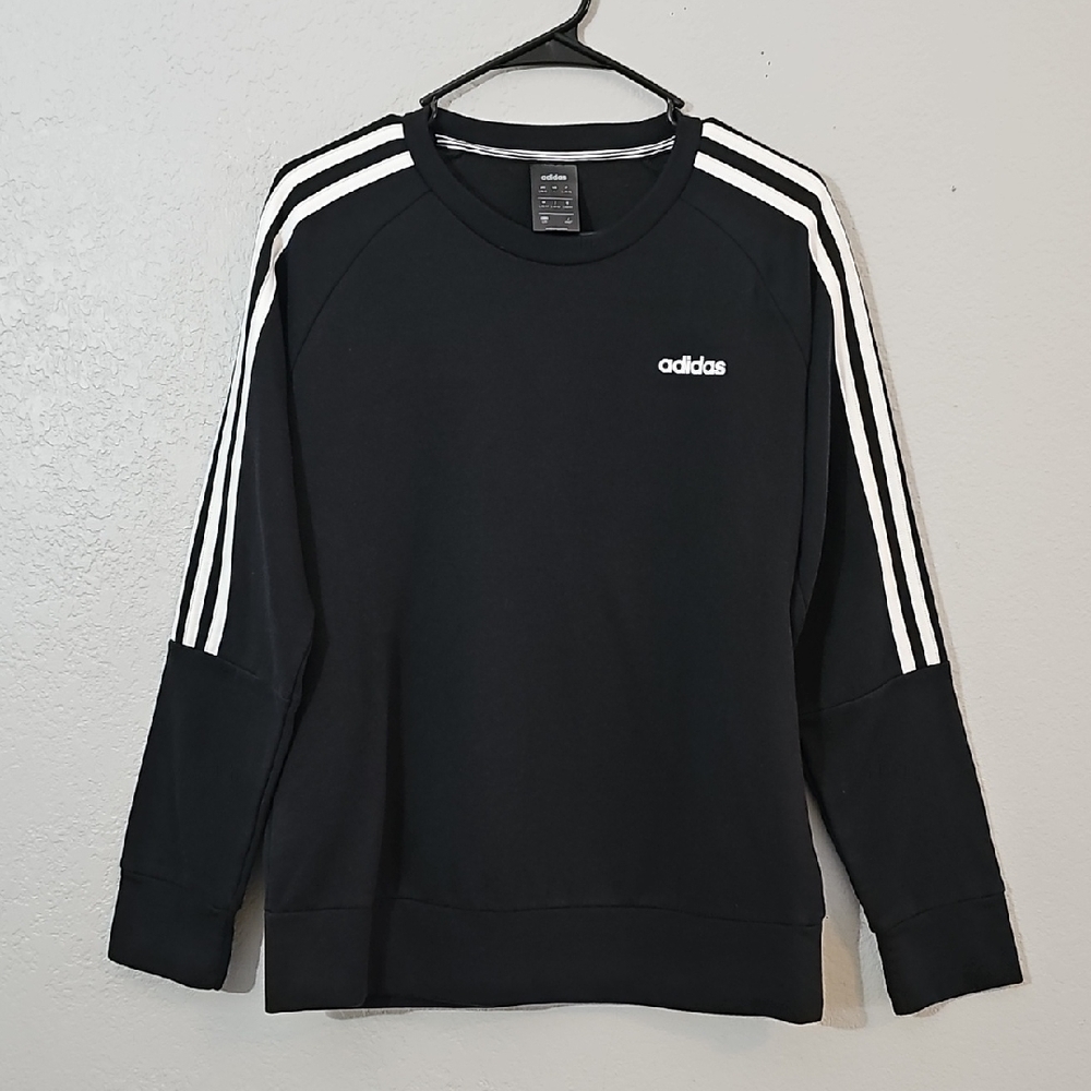 Adidas Crewneck Sweatshirt Black with White Stripes Womens Large Long Sleeve - Picture 1 of 8